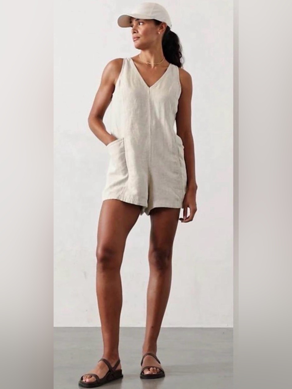 Athleta Linen Blend Romper Coastal Minimalist Loungewear Xs Oatmeal Beige
